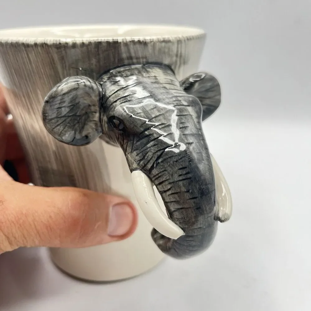 Pier 1 Ceramic Handpainted Stoneware Elephant Coffee Cup Mug Face Handle Large